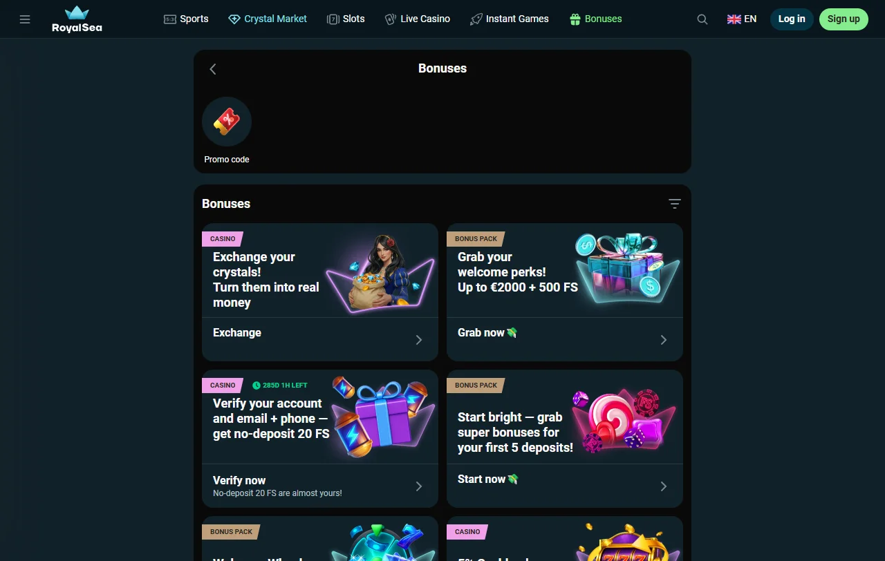 Willkommenspaket von RoyalSea Casino mit Bonusbetrag und Freispielen für Neukunden
