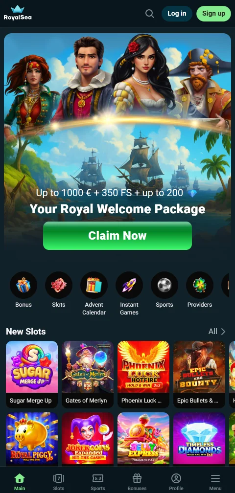 RoyalSea Casino im mobilen Browser auf einem Smartphone in Hochformat
