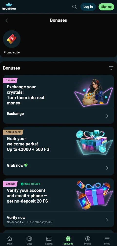 Lizenzangaben und Spielerschutz-Optionen von RoyalSea Casino in der mobilen Ansicht