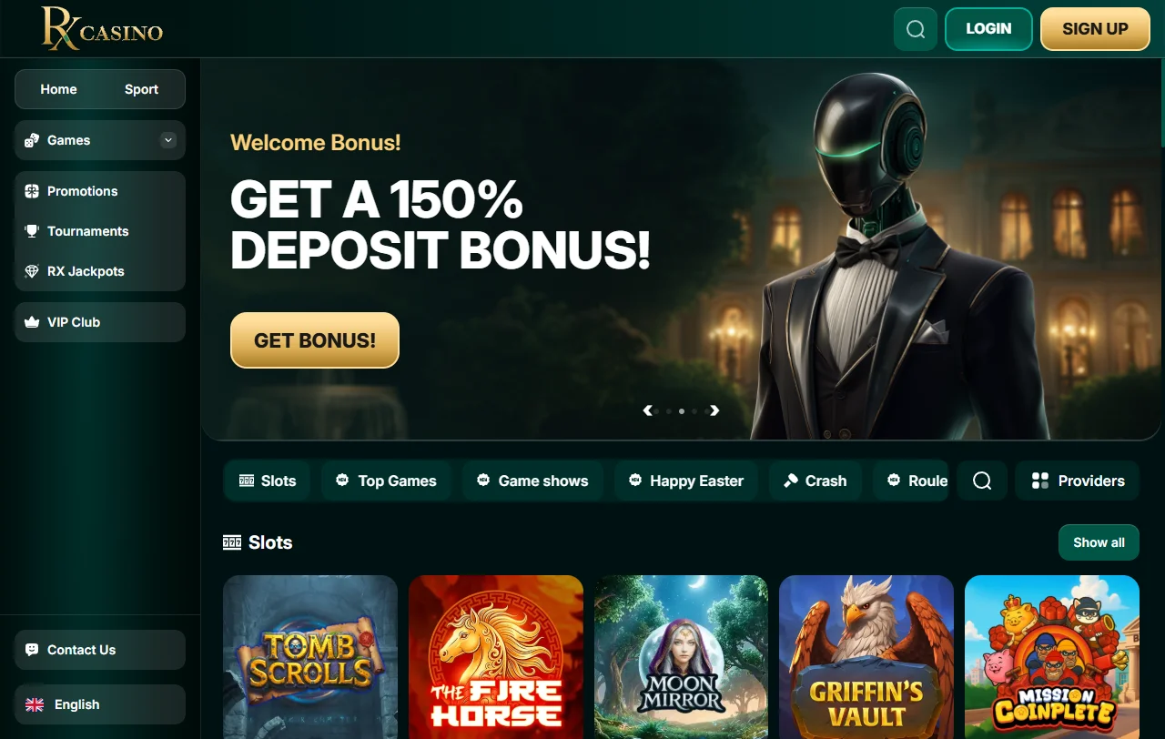 Startseite von RX Casino mit Bereichen für Spiele und Sportwetten