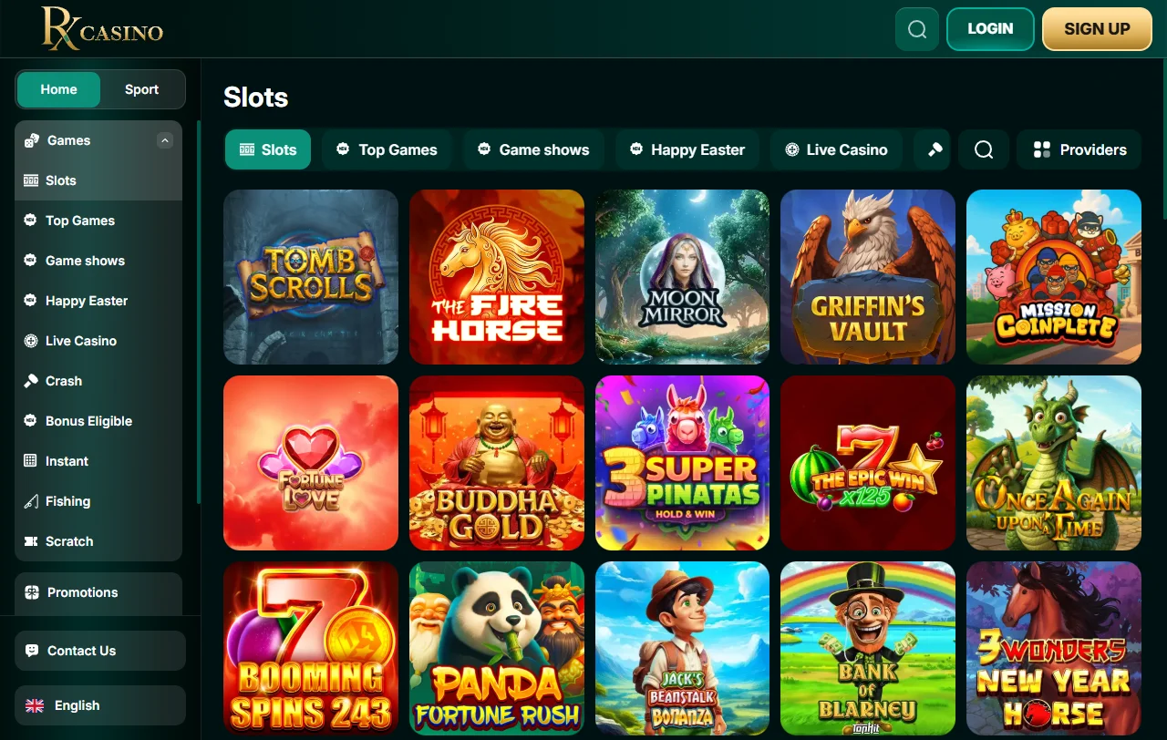 Aktionsseite von RX Casino mit Willkommensbonus und wöchentlichem Cashback