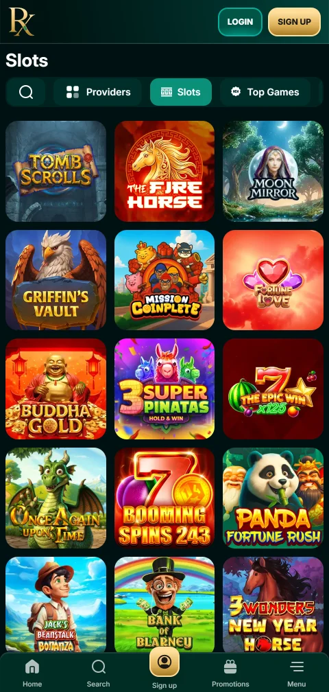 Lizenzangaben und Impressum von RX Casino in der mobilen Fußzeile