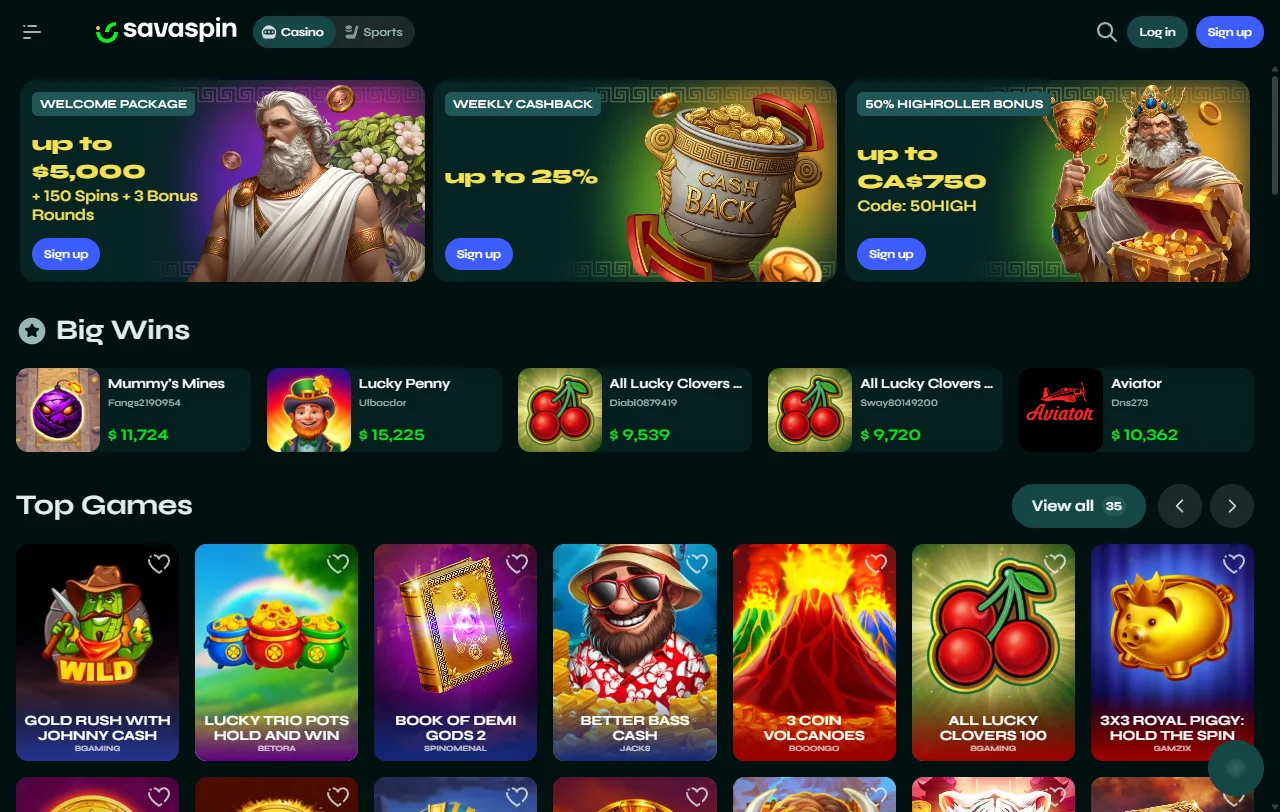 Savaspin Casino Startseite mit Überblick über Spiele, Bonus und Sportwetten