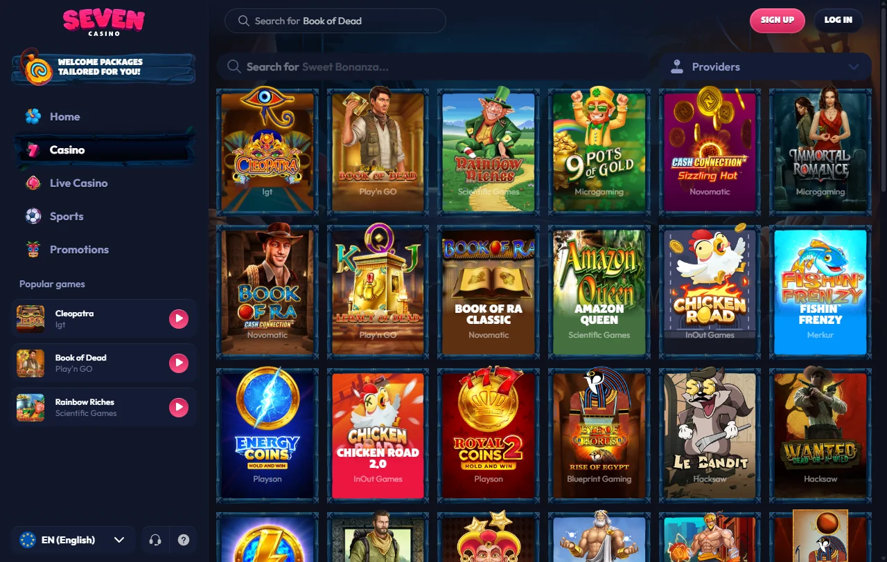 Spielangebot von Seven Casino mit Titeln von Novomatic, Playson, Wazdan und Habanero