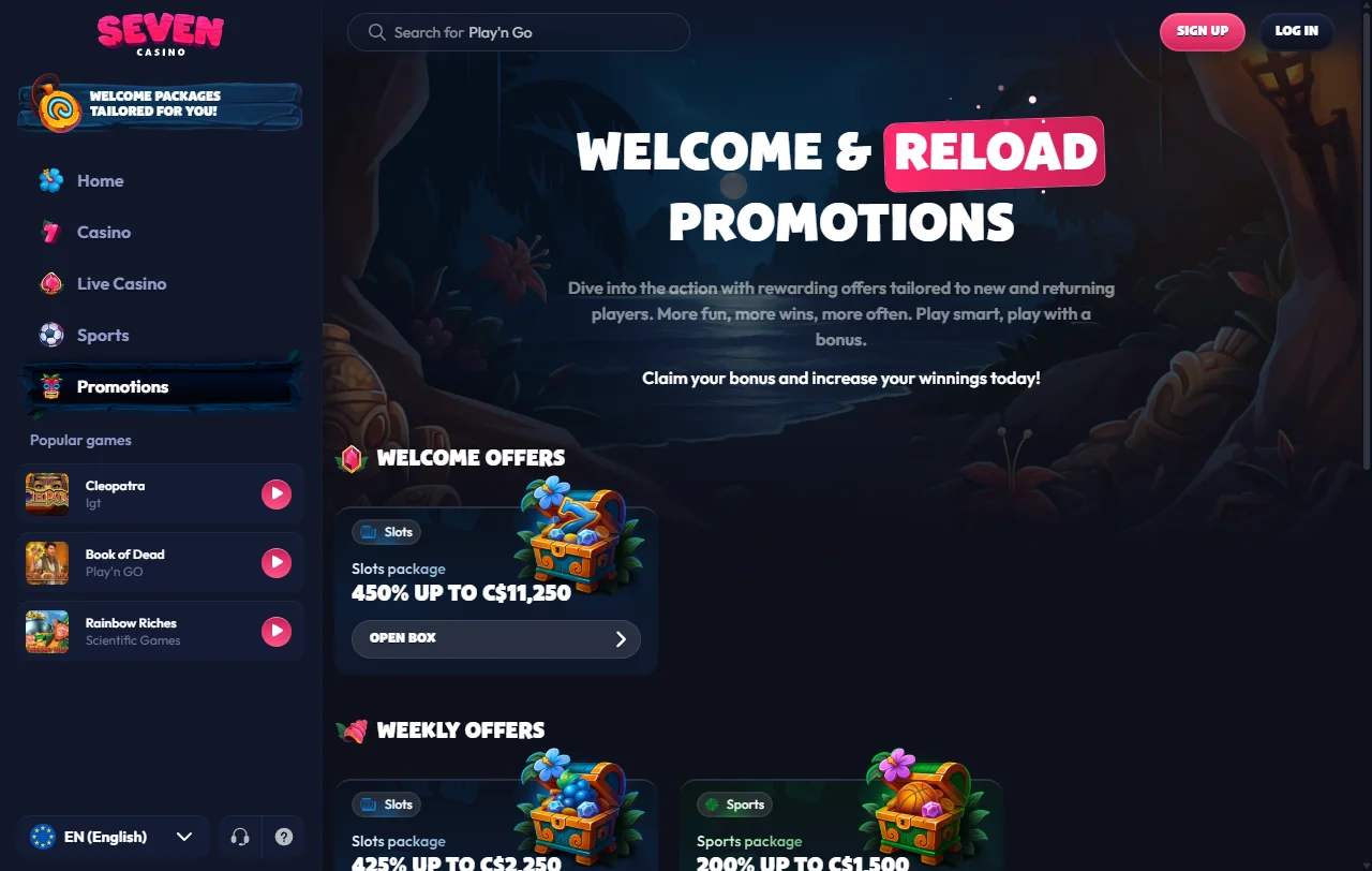 Willkommenspaket von Seven Casino mit 200 % bis 250 € und 10-fachem Umsatz