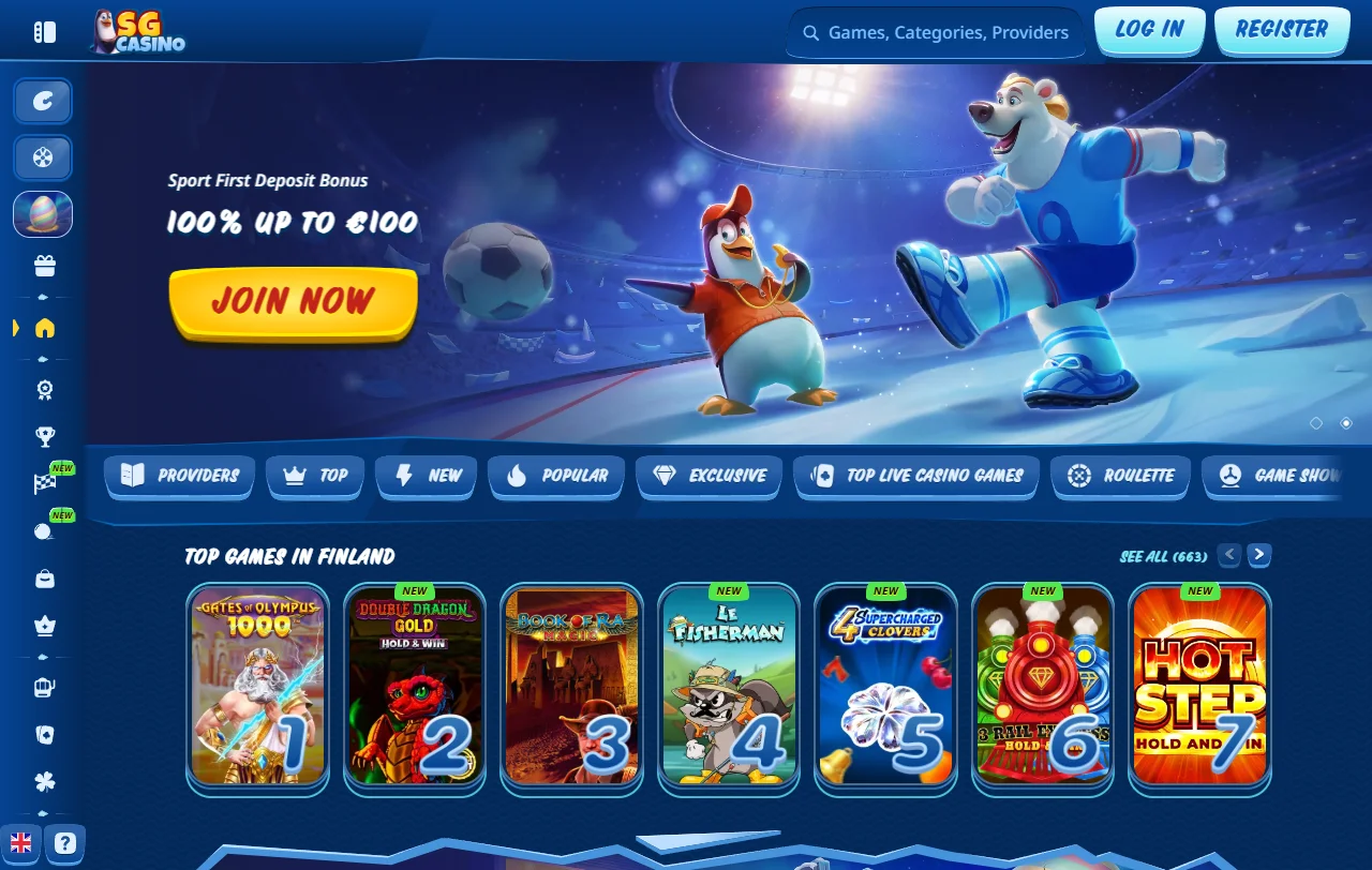 Startseite von SG Casino mit Casino- und Sportwettenbereich für Spieler aus Österreich