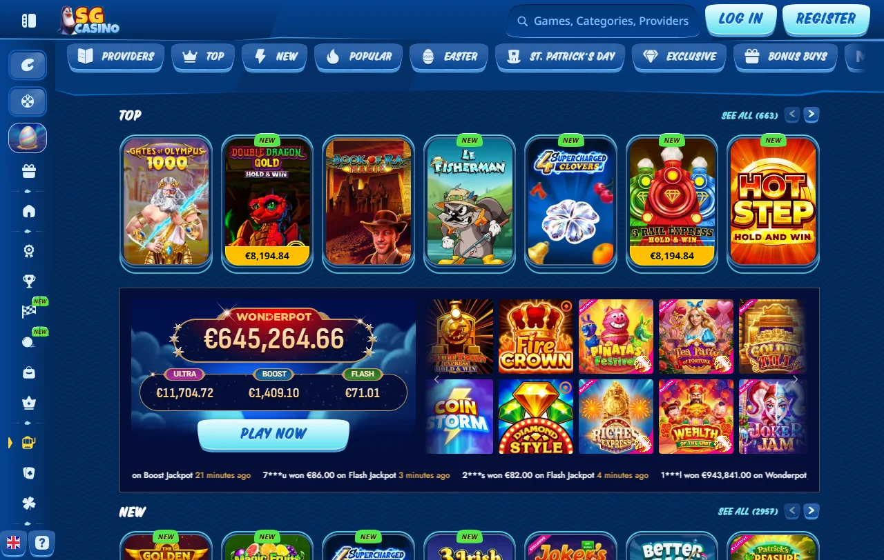 Willkommensbonus von SG Casino mit 100 % bis 500 € und 200 Freispielen
