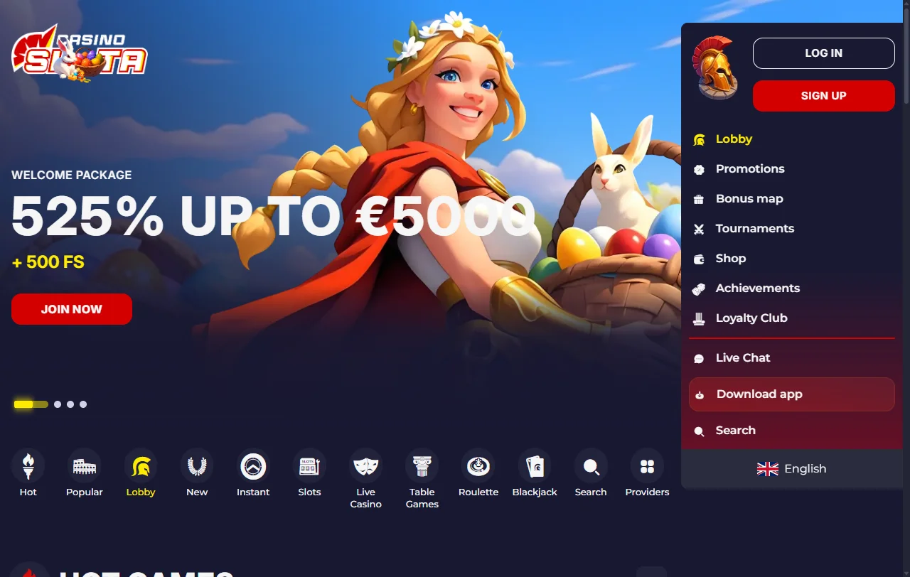 Slota Casino Startseite mit Überblick über Lobby, Aktionen und VIP-Programm