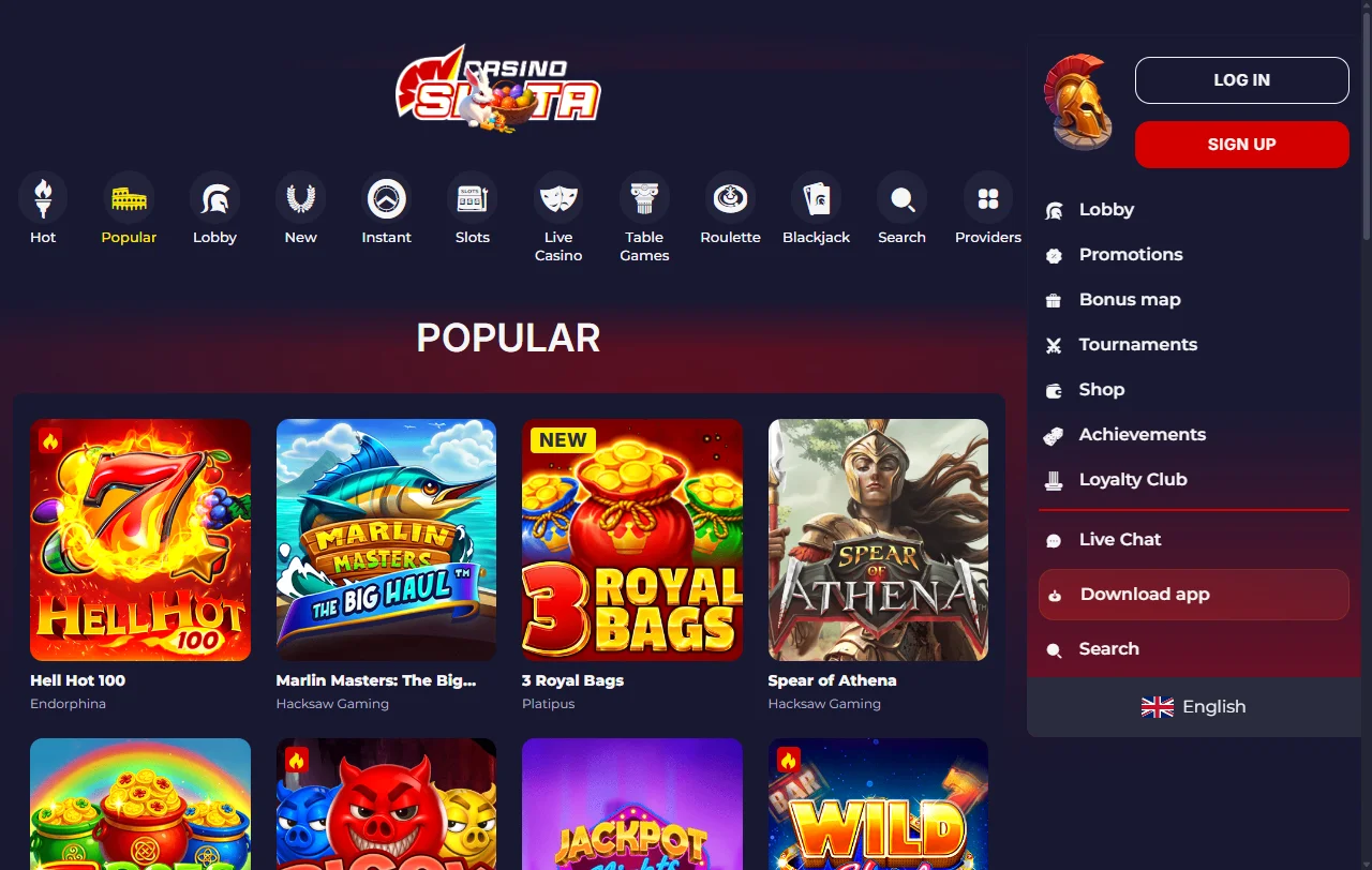 Spieleauswahl bei Slota Casino mit Slots von rund 110 Anbietern