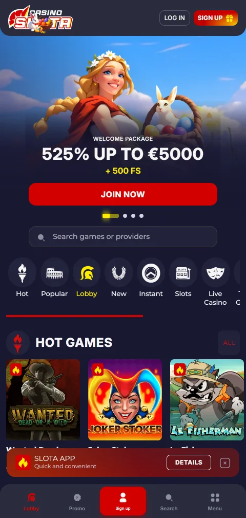 Slota Casino als Progressive Web App am Smartphone mit unterer Navigationsleiste