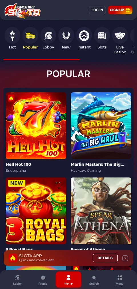 Kasse von Slota Casino mit Einzahlung per Karte, E-Wallet und Krypto