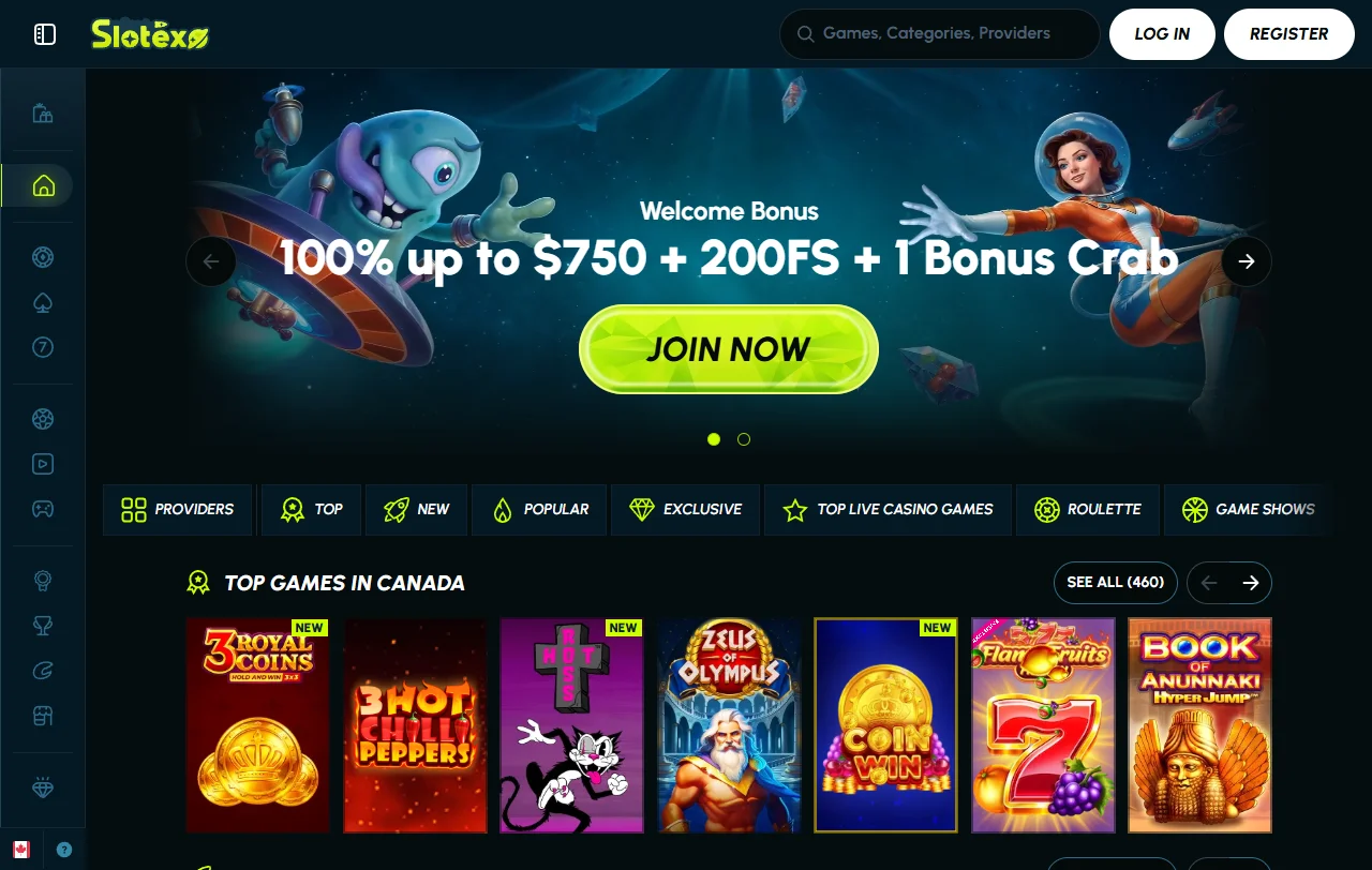 Startseite von Slotexo Casino mit Sportwetten und Casino-Bereich im Überblick