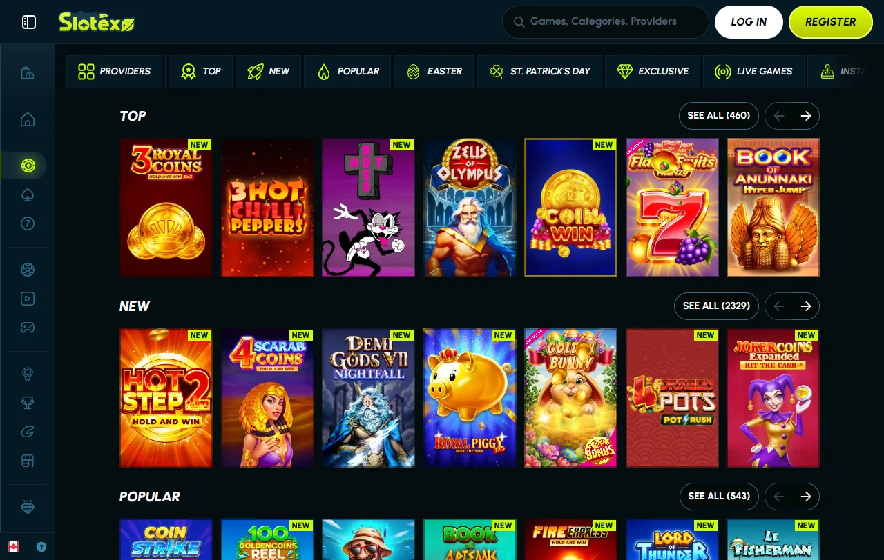 Spielelobby von Slotexo Casino mit Slots und Exklusivtiteln von über 160 Studios