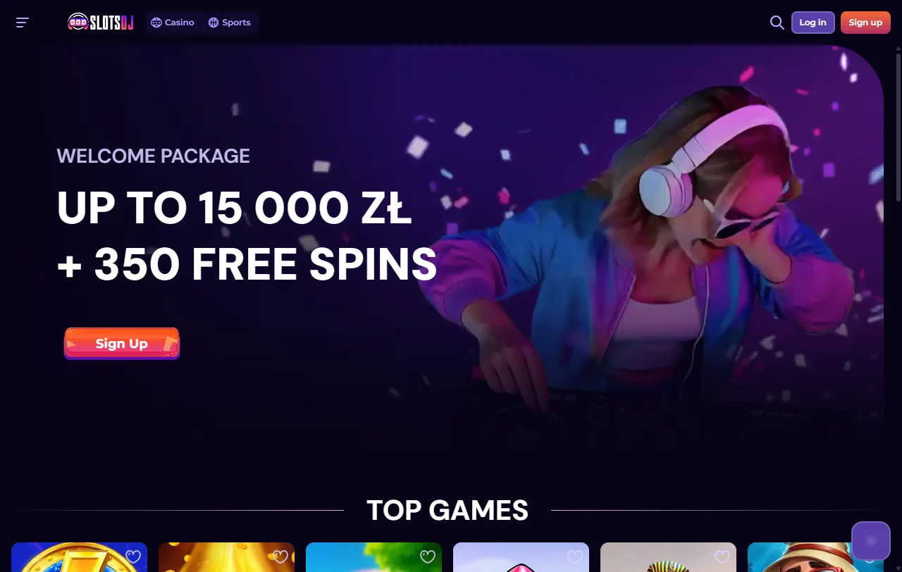 SlotsDJ Casino Startseite mit Überblick über Angebot und Kategorien für Österreich
