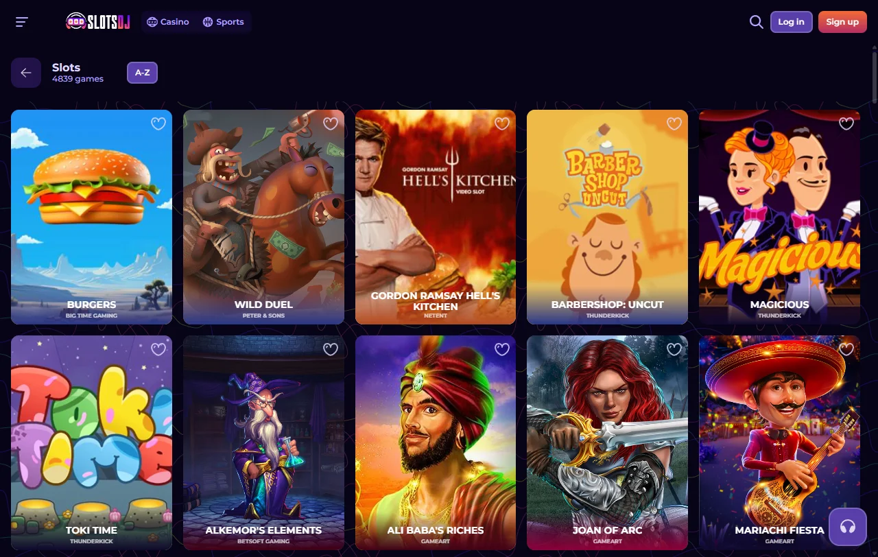 SlotsDJ Casino Spielelobby mit Slots von Pragmatic Play und Nolimit City