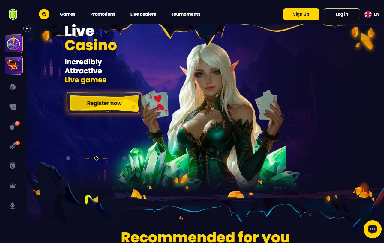 Startseite von Slotsgem Casino mit Fantasy-Design und Überblick über das Angebot