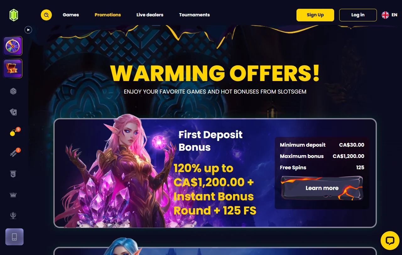 Spielelobby von Slotsgem Casino mit Slots von über 100 Anbietern