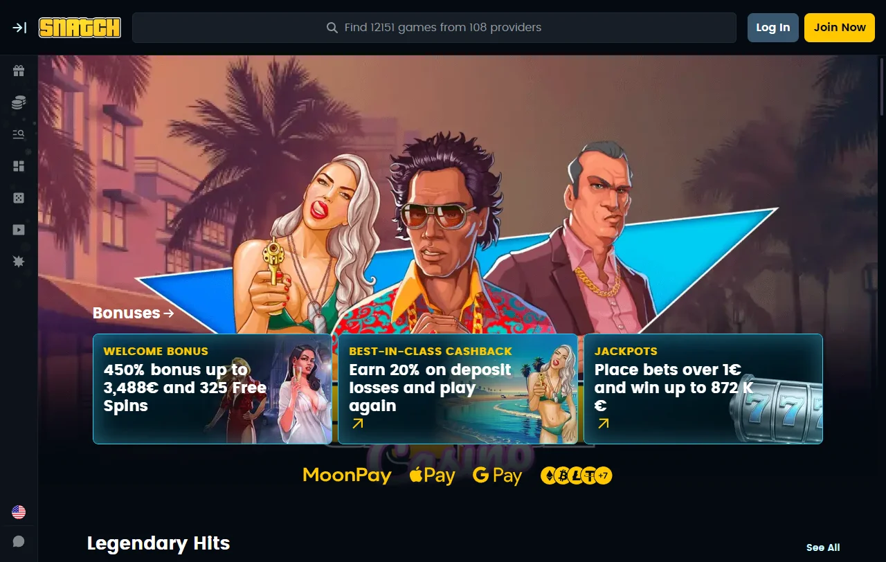 Snatch Casino Startseite mit Überblick über Spielbereiche, Aktionen und Kontozugang