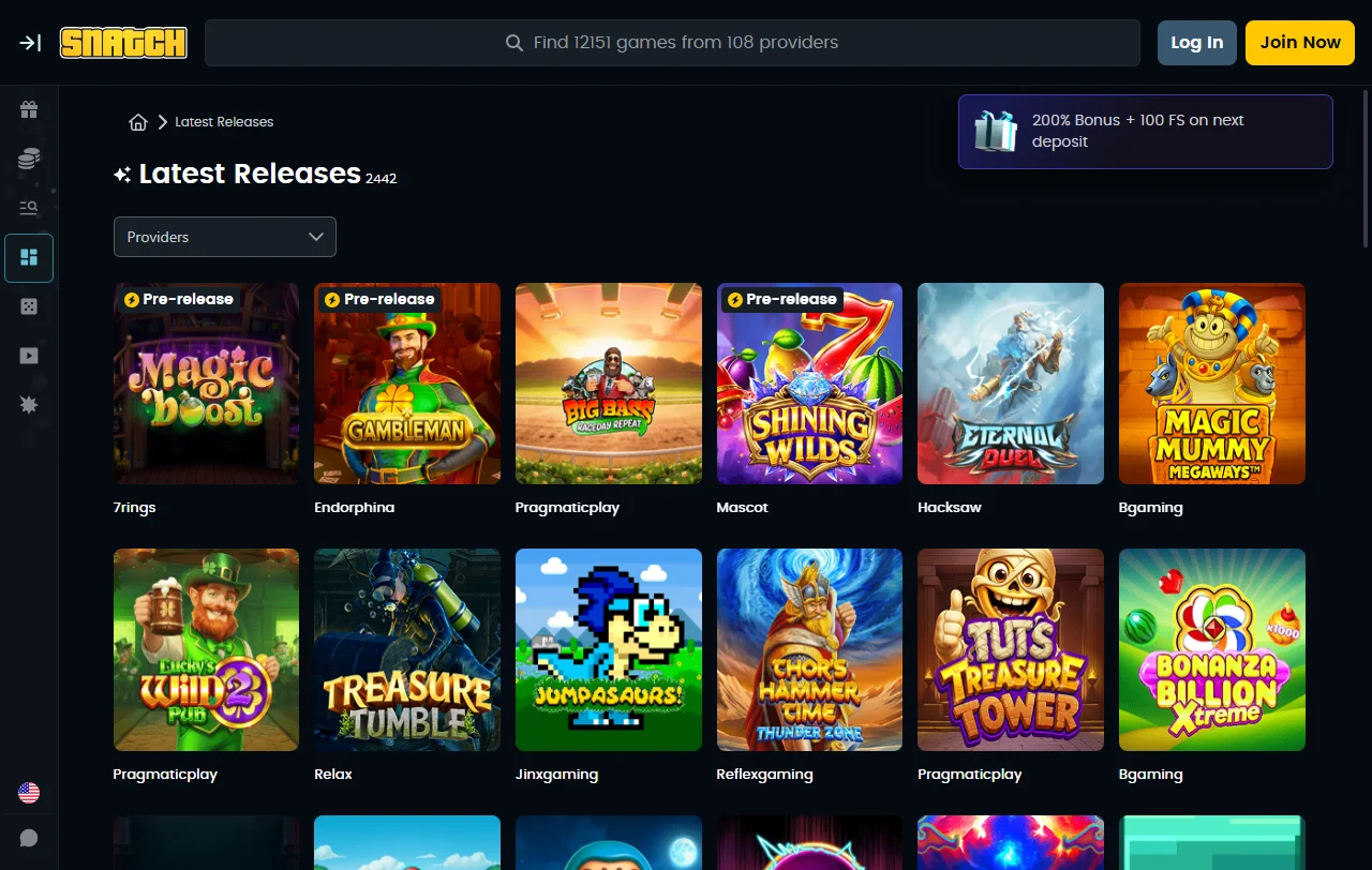 Snatch Casino Spielebibliothek mit Slots von Pragmatic Play, Hacksaw Gaming und Live-Tischen