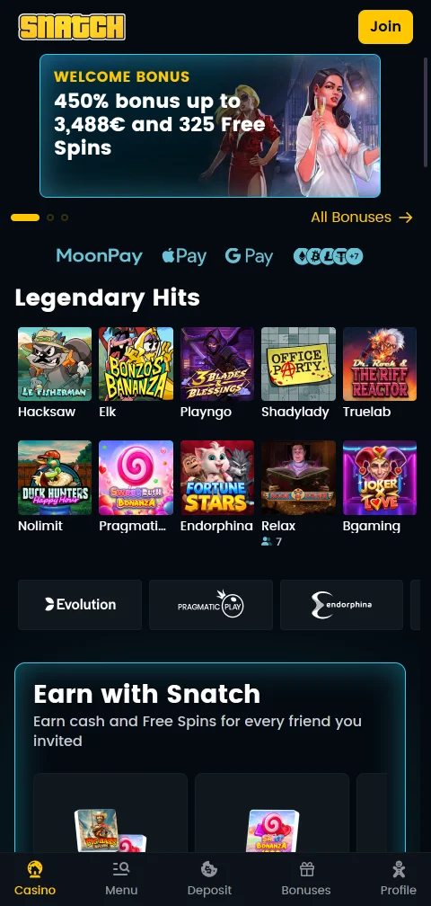 Snatch Casino im mobilen Browser auf dem Smartphone mit eingeklapptem Spielmenü