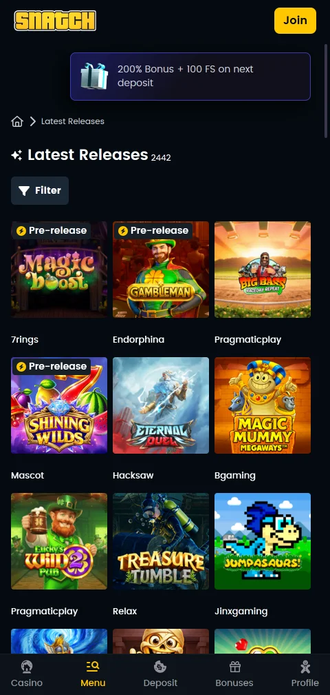 Snatch Casino Kassenbereich mit Karten, E-Wallets und Kryptowährungen für Einzahlungen