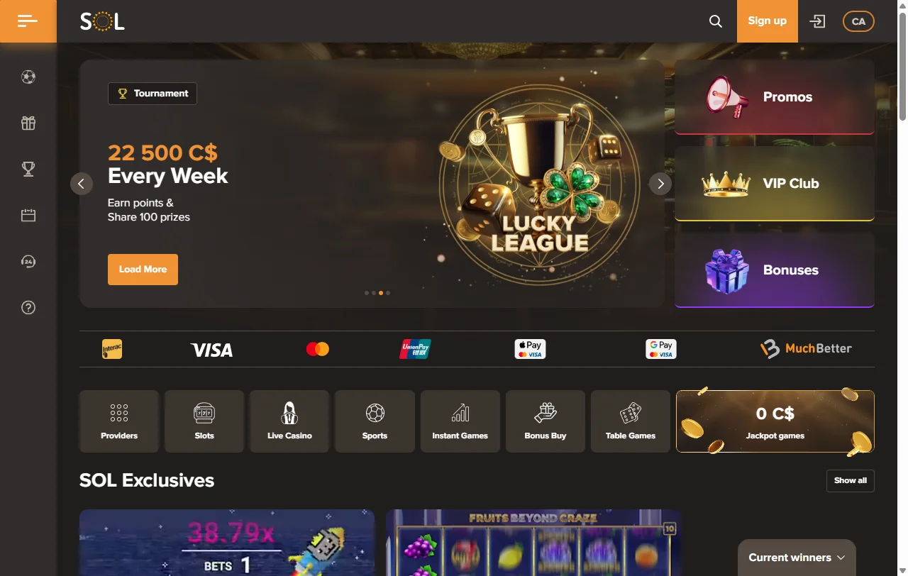 Startseite von Sol Casino mit Überblick über Angebot und Kategorien für Österreich