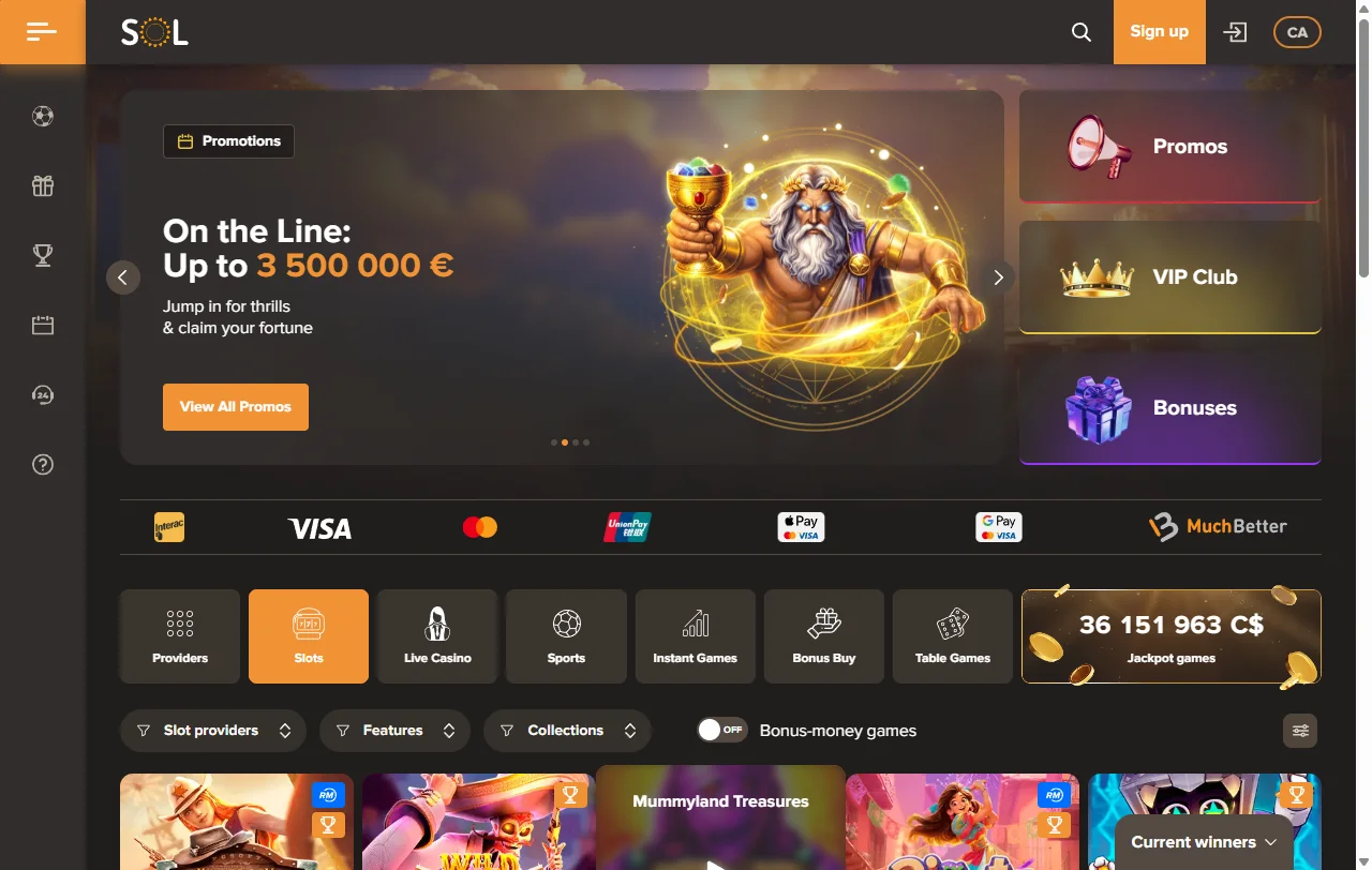 Spielauswahl von Sol Casino mit Slots von Pragmatic Play und NetEnt