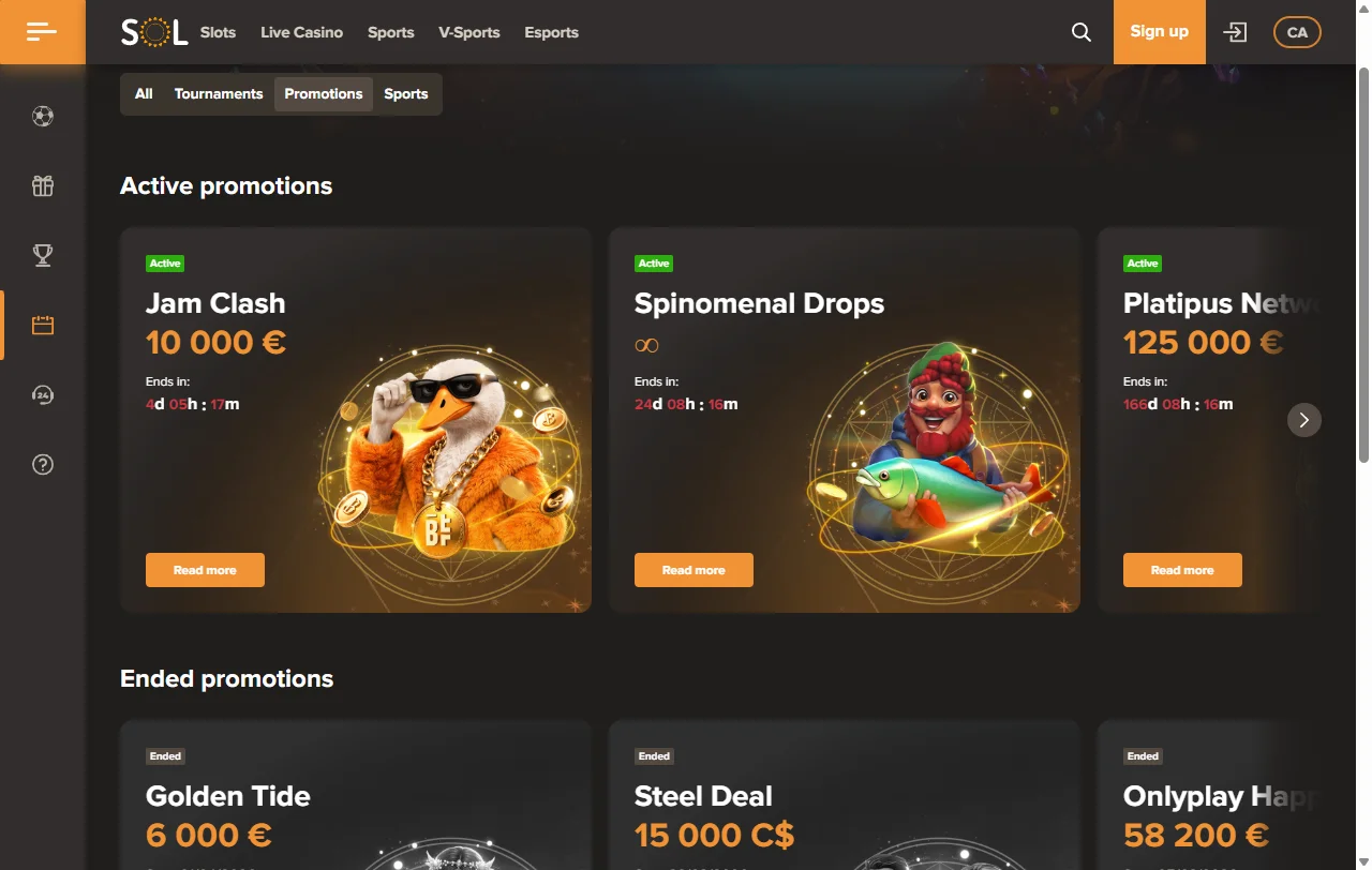 Willkommenspaket von Sol Casino über vier Einzahlungen bis 1.500 Euro