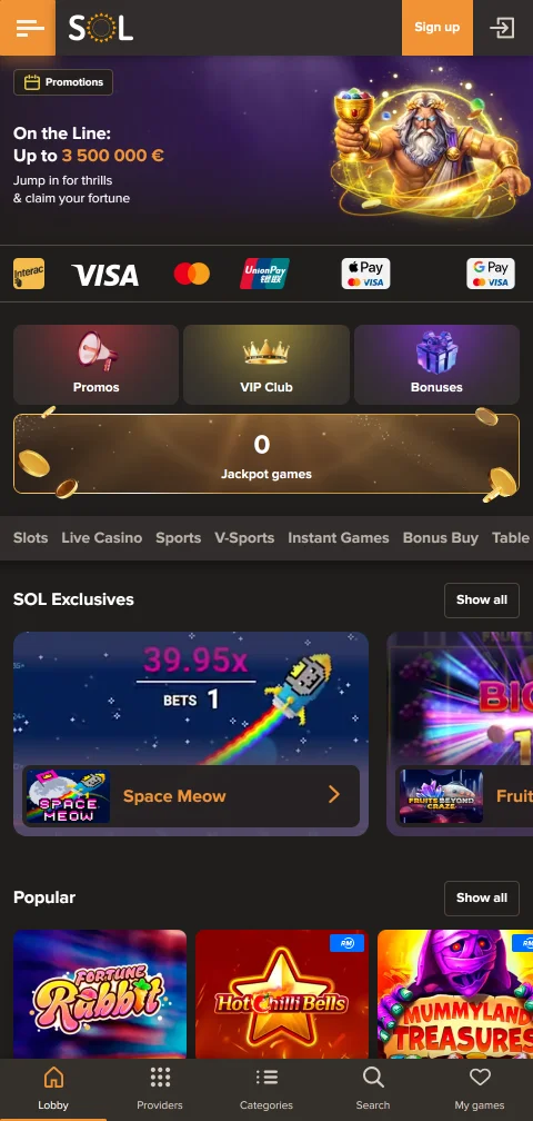 Sol Casino im Smartphone-Browser mit mobiler Lobby und Suchfunktion
