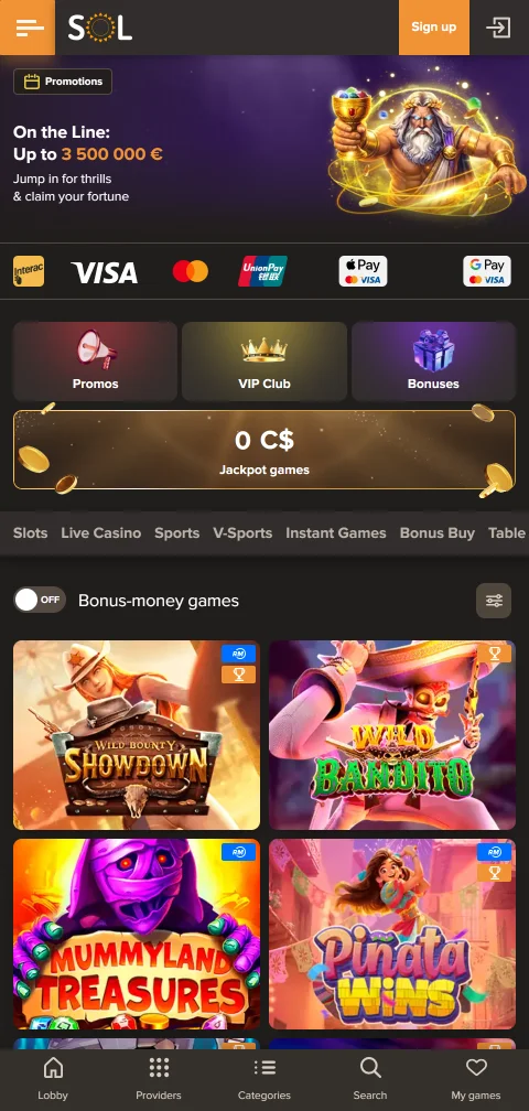 Kassa von Sol Casino am Handy mit eps, paysafecard und Skrill