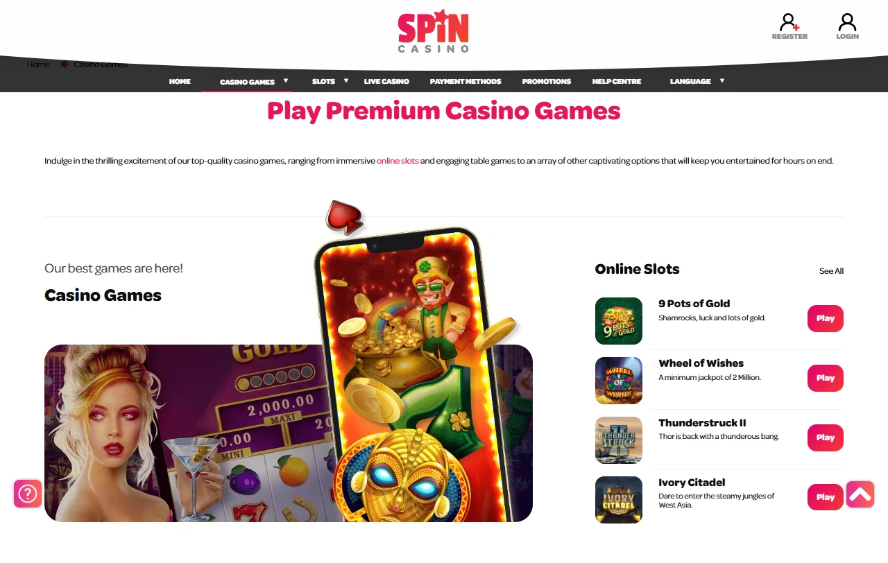Spielangebot von Spin Casino mit Slots von Games Global und NetEnt