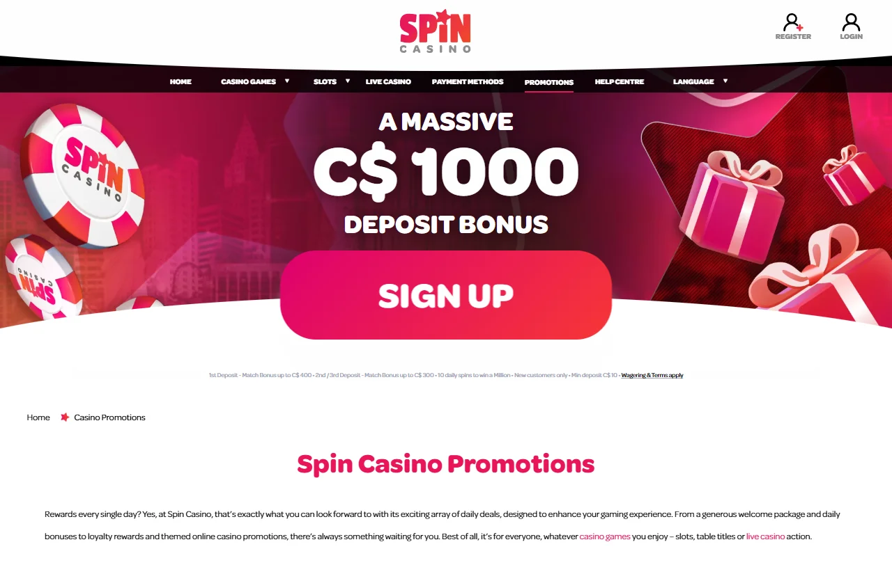 Willkommenspaket von Spin Casino über drei Einzahlungen mit Umsatzbedingungen