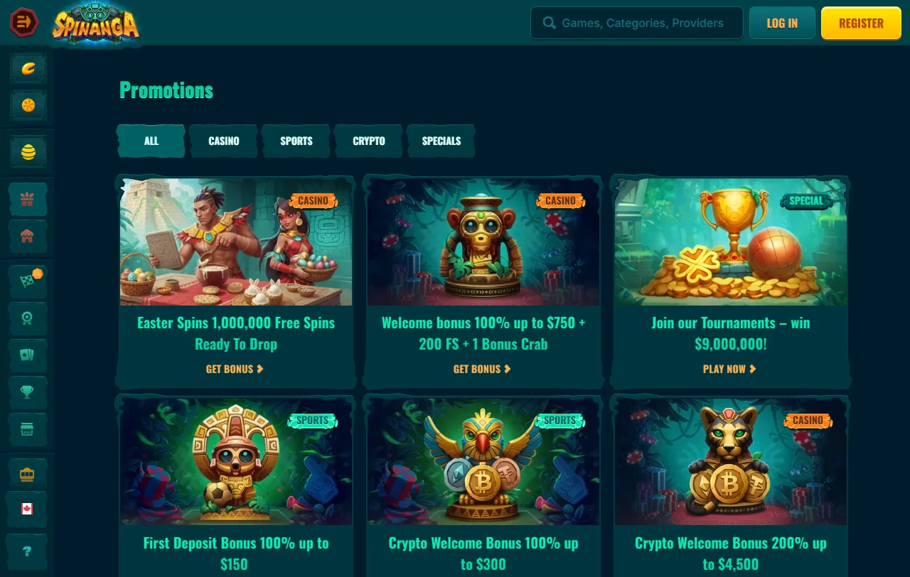 Spielbibliothek von Spinanga Casino mit rund 7.400 Titeln verschiedener Anbieter