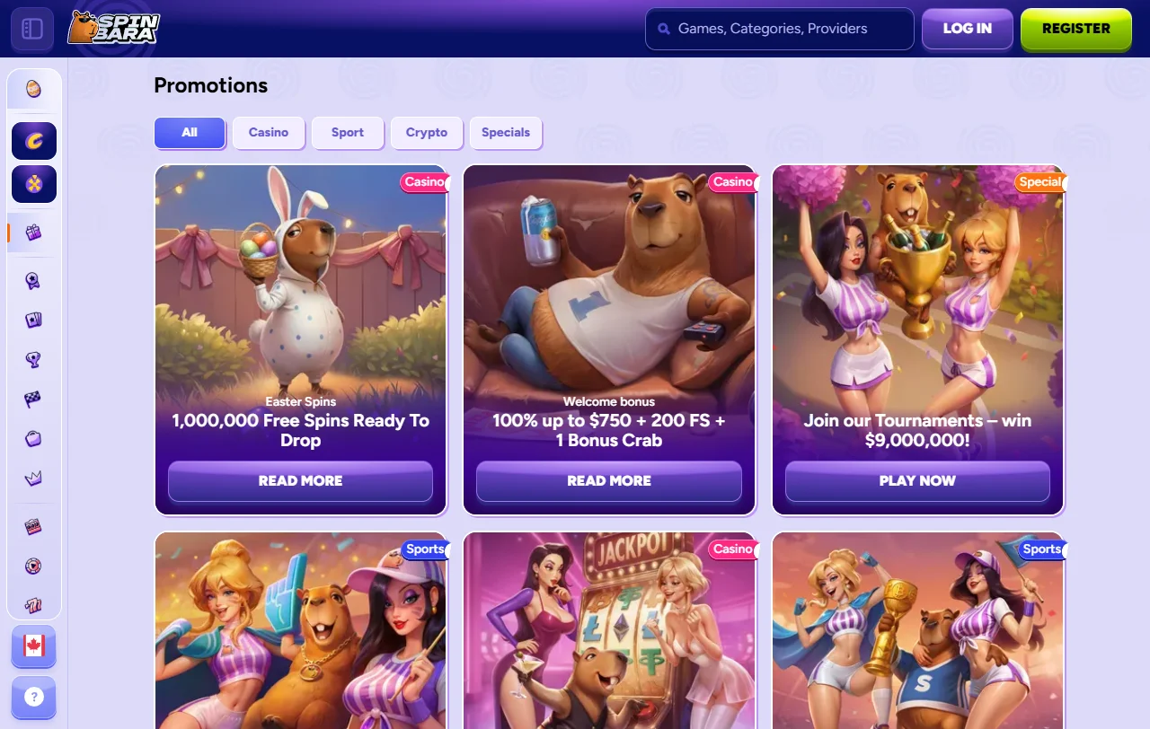 SpinBara Casino Spielelobby mit Slots von Pragmatic Play und Nolimit City
