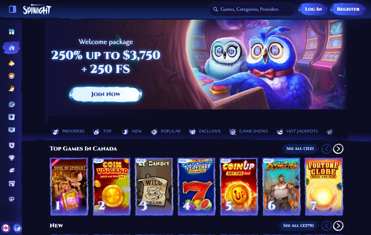 Startseite von Spinight Casino mit Eulen-Design und integriertem Sportwettenbereich