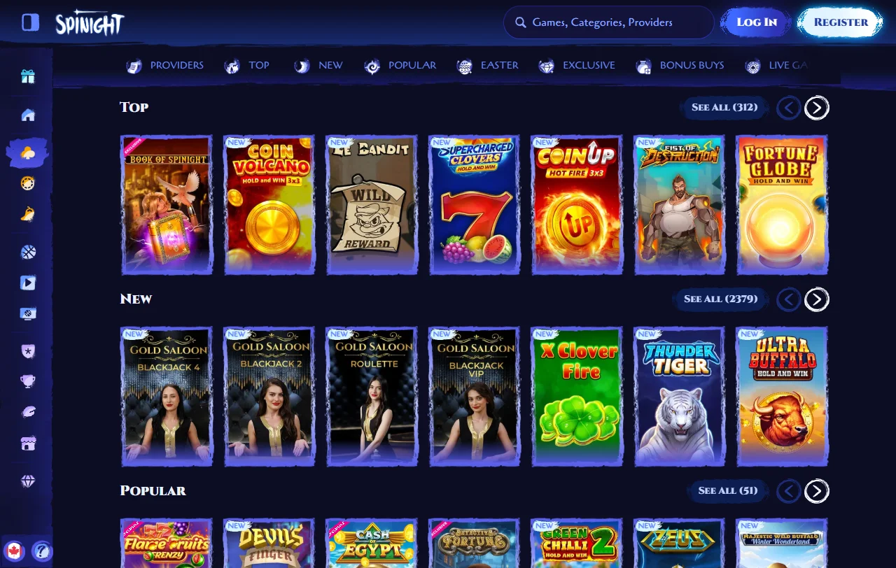 Spielelobby von Spinight Casino mit Slots von Novomatic und Pragmatic Play