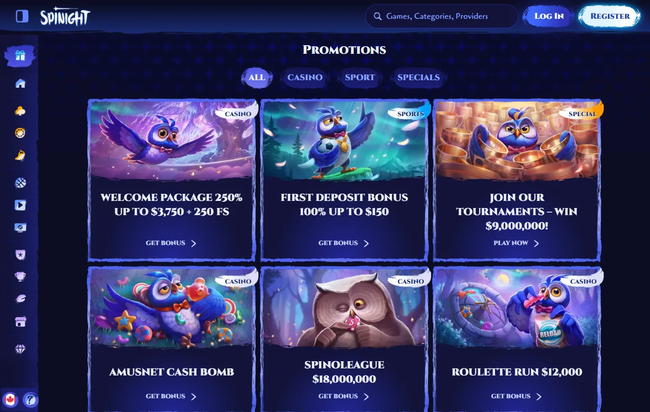Aktionsseite von Spinight Casino mit Willkommenspaket über drei Einzahlungen und Cashback