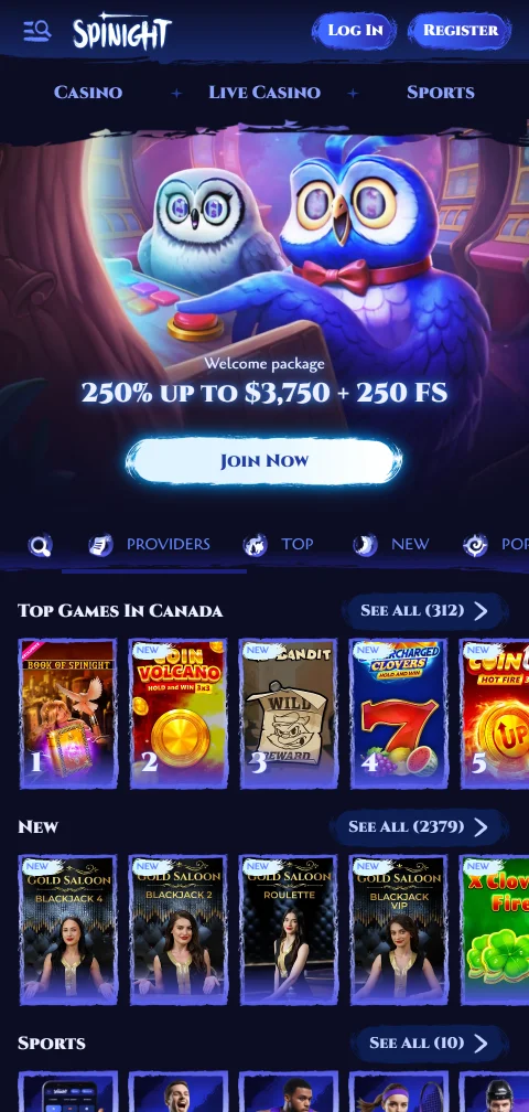 Mobile Browserversion von Spinight Casino mit Kategorien für Slots und Live-Spiele