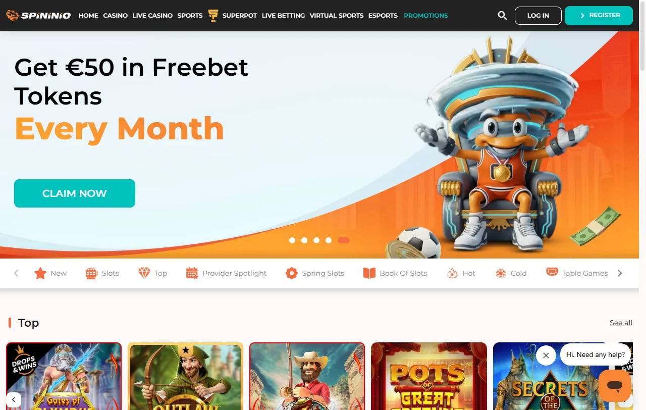 Spininio Casino Startseite mit Überblick über Casino- und Sportwettenbereich