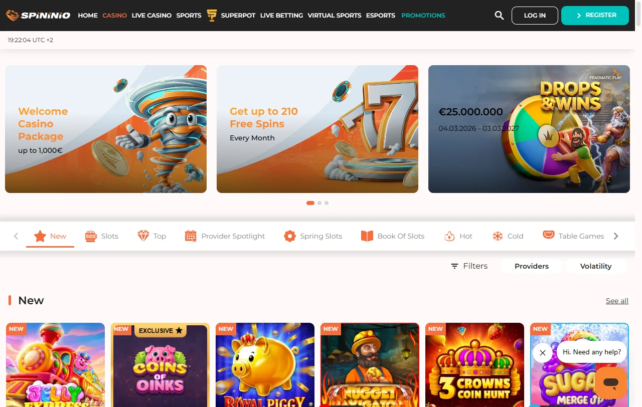 Spielelobby von Spininio Casino mit Slots von Pragmatic Play und Novomatic