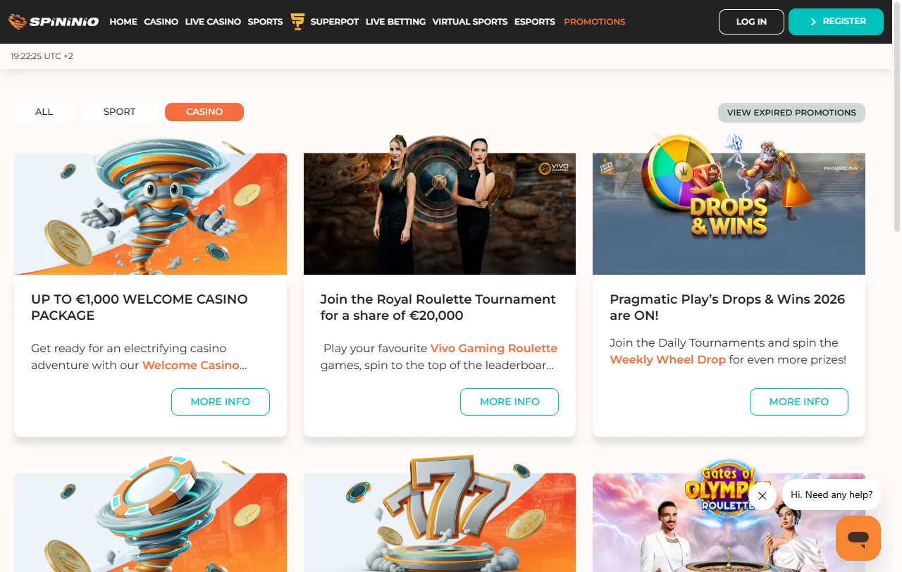 Spininio Casino Willkommenspaket bis 1.000 € mit vier Bonuscodes