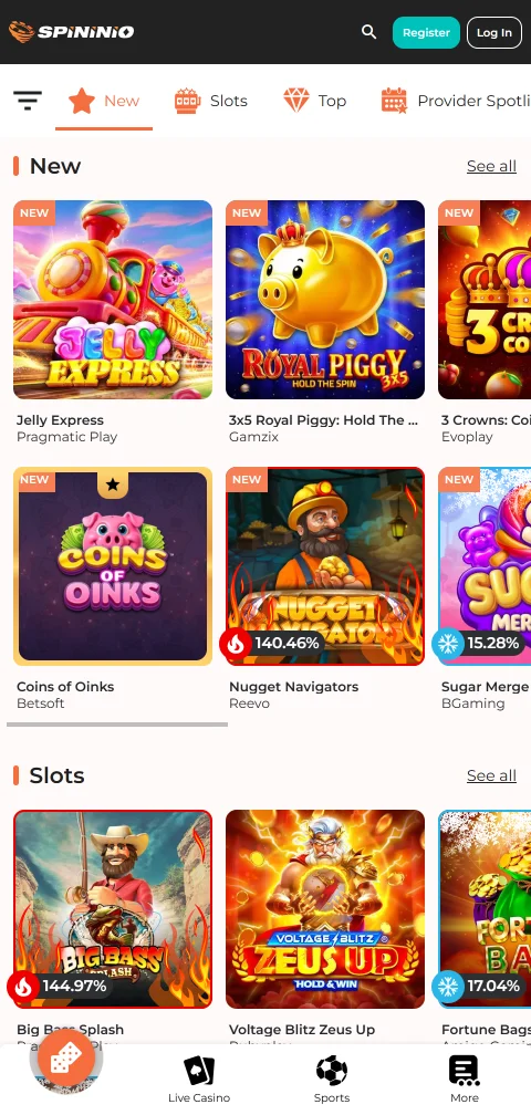 Spininio Casino Kasse mit Krypto, Skrill, Paysafecard und Karten