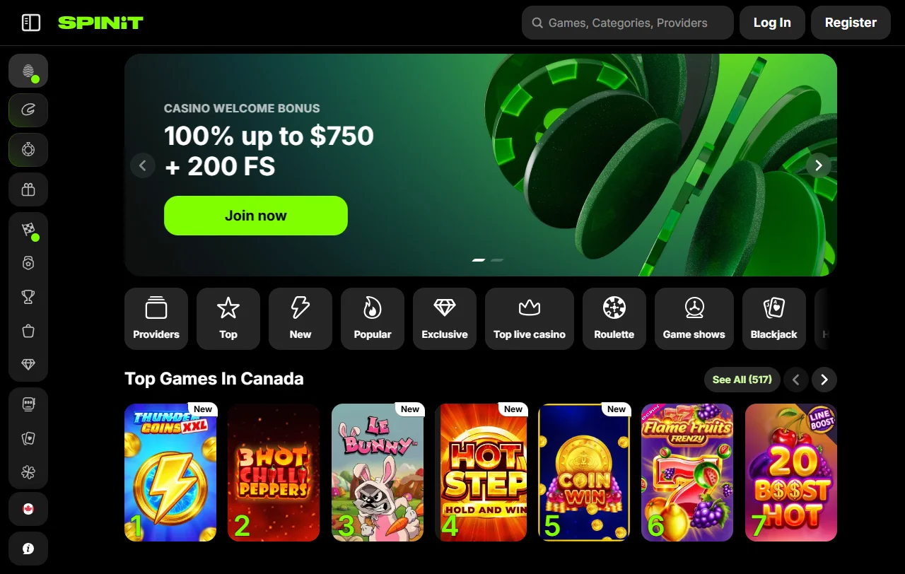 Startseite von Spinit Casino mit Überblick über Lobby und Kontobereich