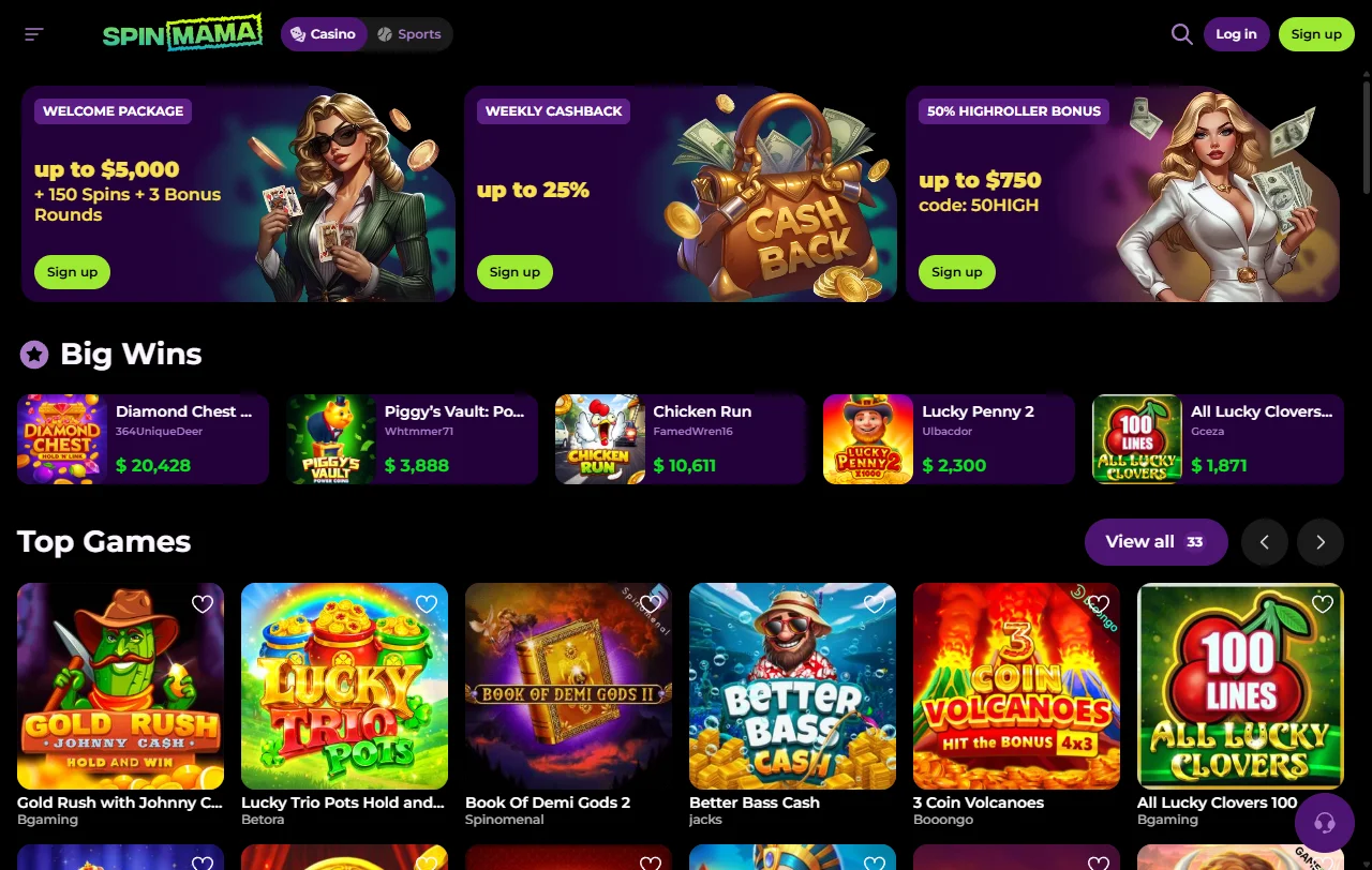 Spinmama Casino Startseite mit Überblick über Casino und Sportwetten