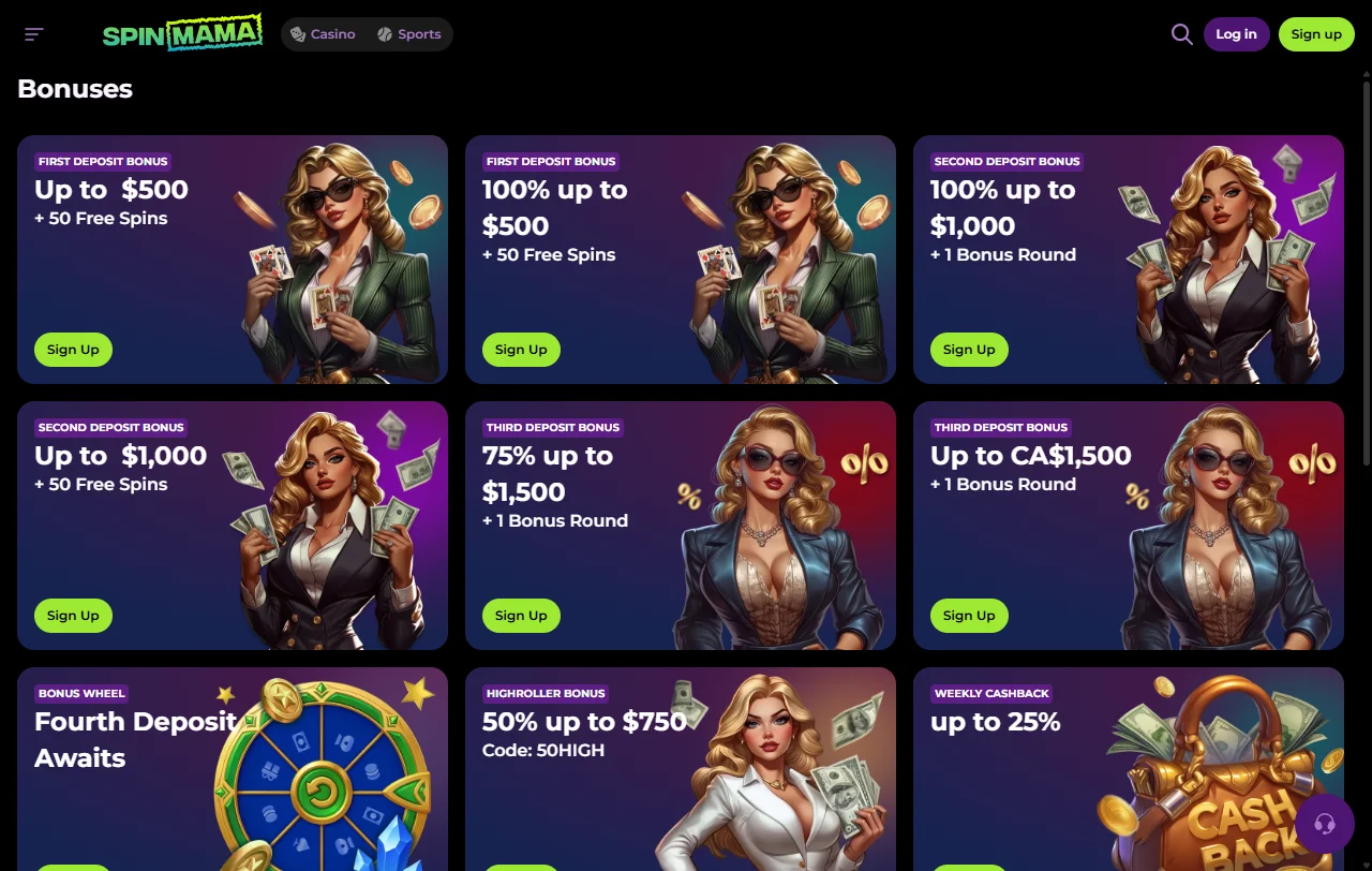 Spinmama Spielelobby mit Slots von Pragmatic Play, BGaming und Nolimit City