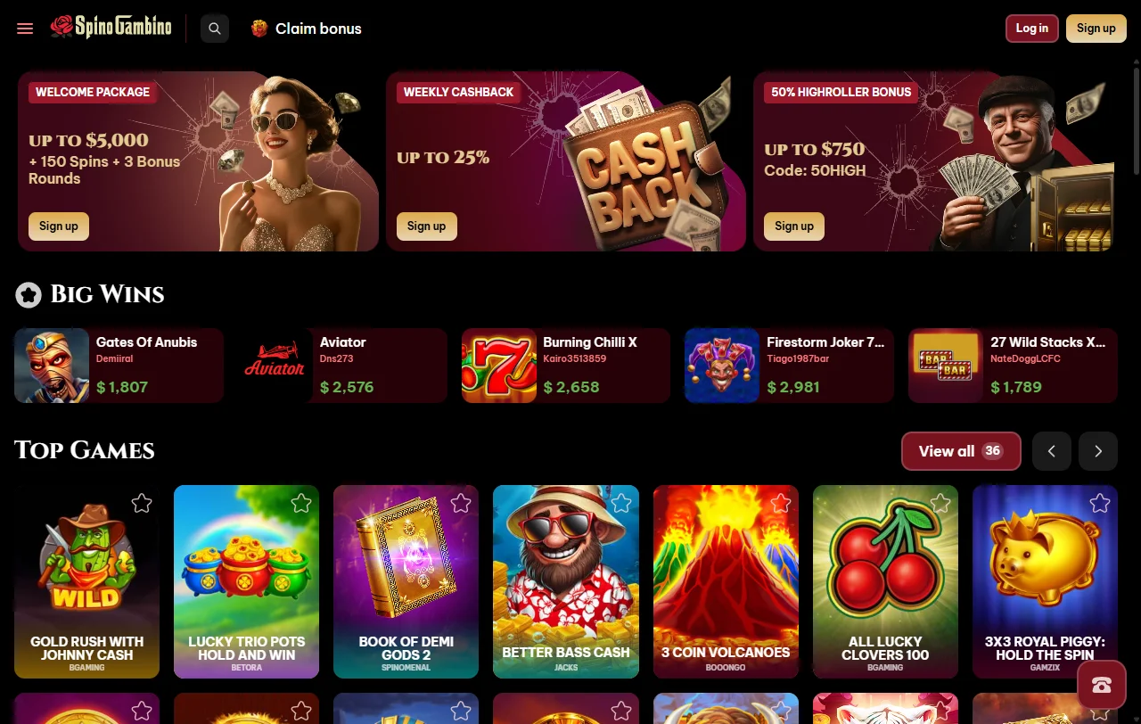 Spinogambino Casino Startseite mit Überblick über Spielkategorien und laufende Aktionen