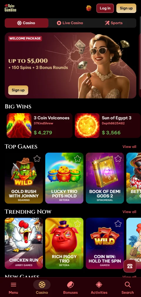 Mobile Browser-Version von Spinogambino mit Spielauswahl und Live-Tischen am Smartphone