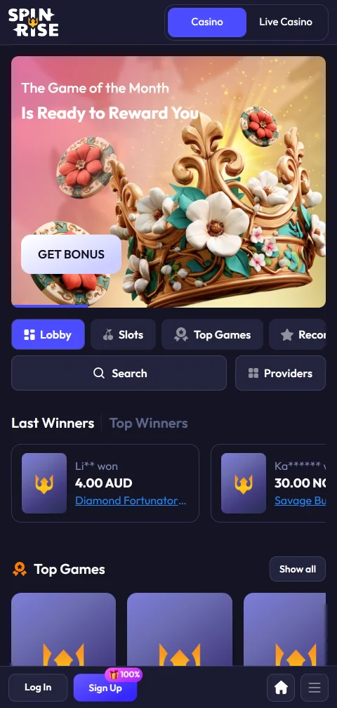 Spinrise Casino mobile Browserversion mit Lobby und Live-Casino-Bereich