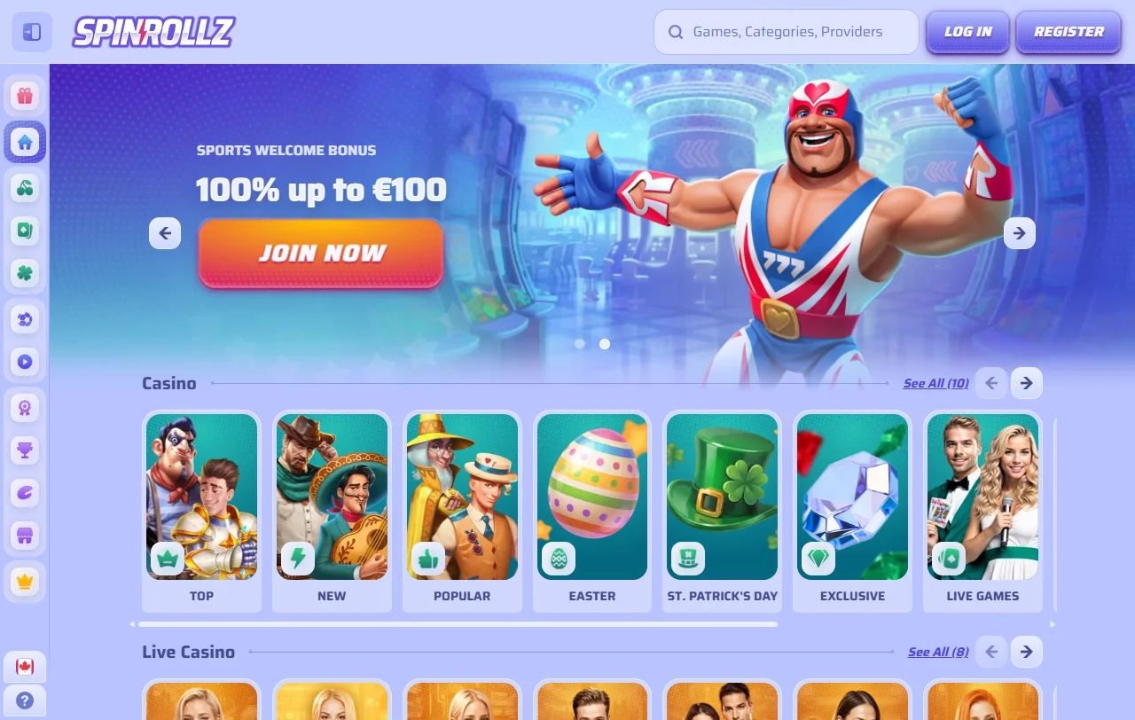 SpinRollz Casino Startseite mit Überblick über Casino, Live-Casino, Sportwetten und VIP-Bereich