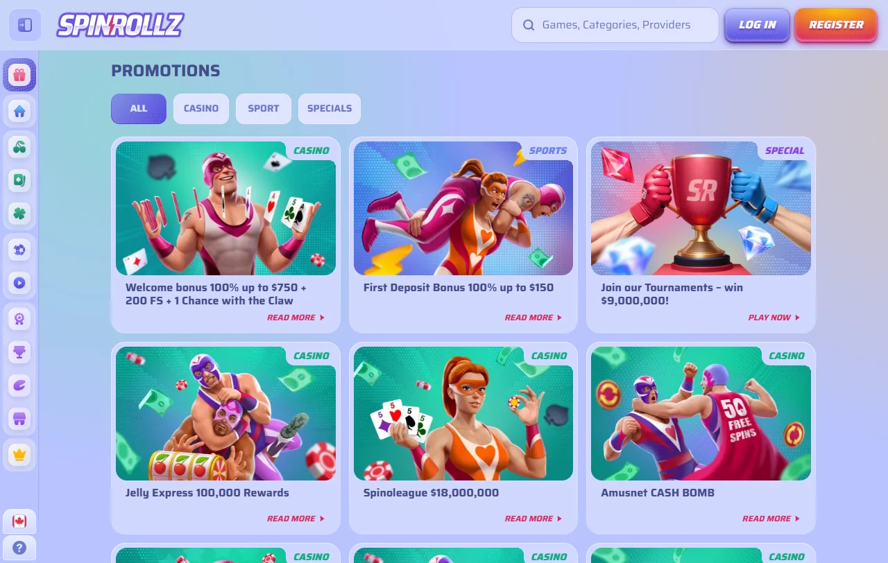 SpinRollz Casino Spielelobby mit Slots von über 90 Studios und Anbieterfilter